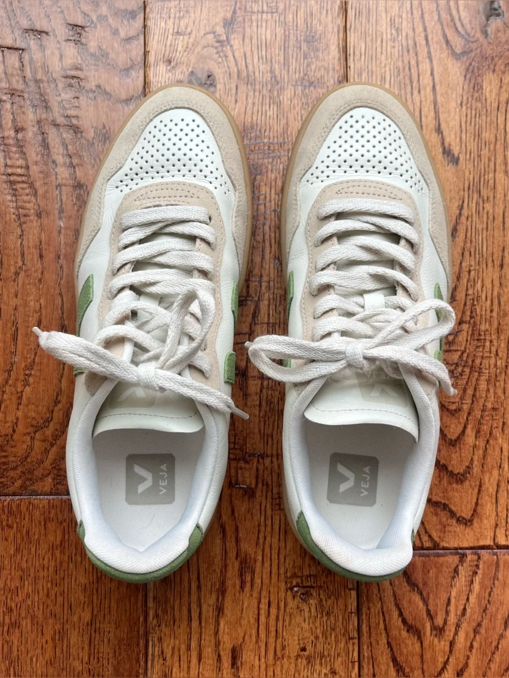 Veja V-90 Leather Sneakers in White, Almond & Kiwi